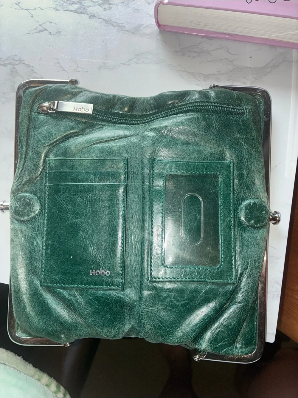 HOBO Lauren Dark Green Leather Double Frame Kiss Lock Clutch Wallet